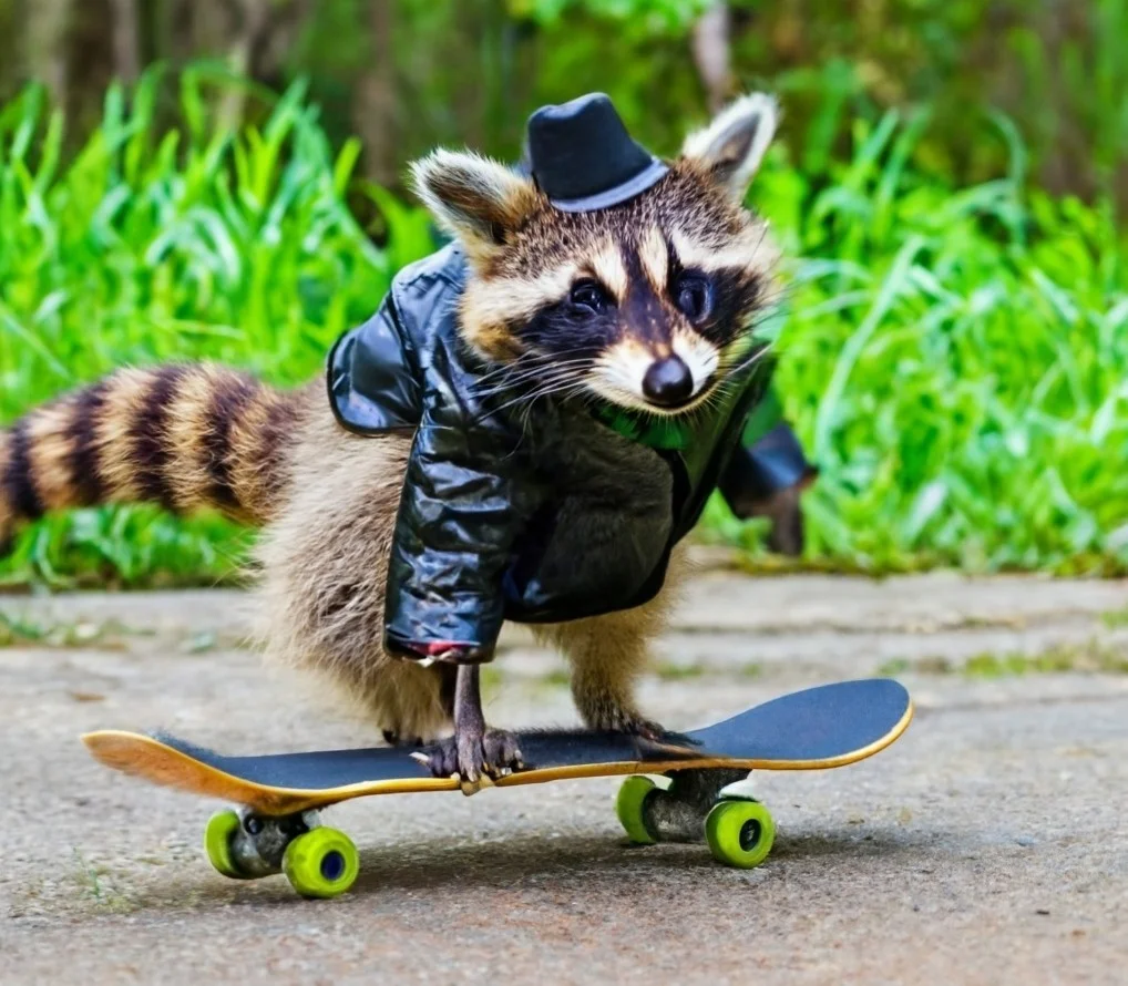 Raccoon skating his skateboard.